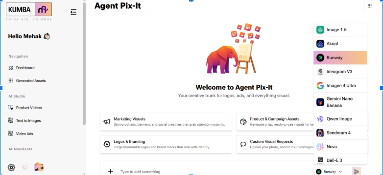 Screenshot of the Kumba AI “Agent Pix-It” dashboard showing a welcome screen with creative tool categories and a model selection dropdown open, highlighting Runway among multiple AI image models. Screenshot of the Kumba AI “Agent Pix-It” dashboard showing a welcome screen with creative tool categories and a model selection dropdown open, highlighting Runway among multiple AI image models.