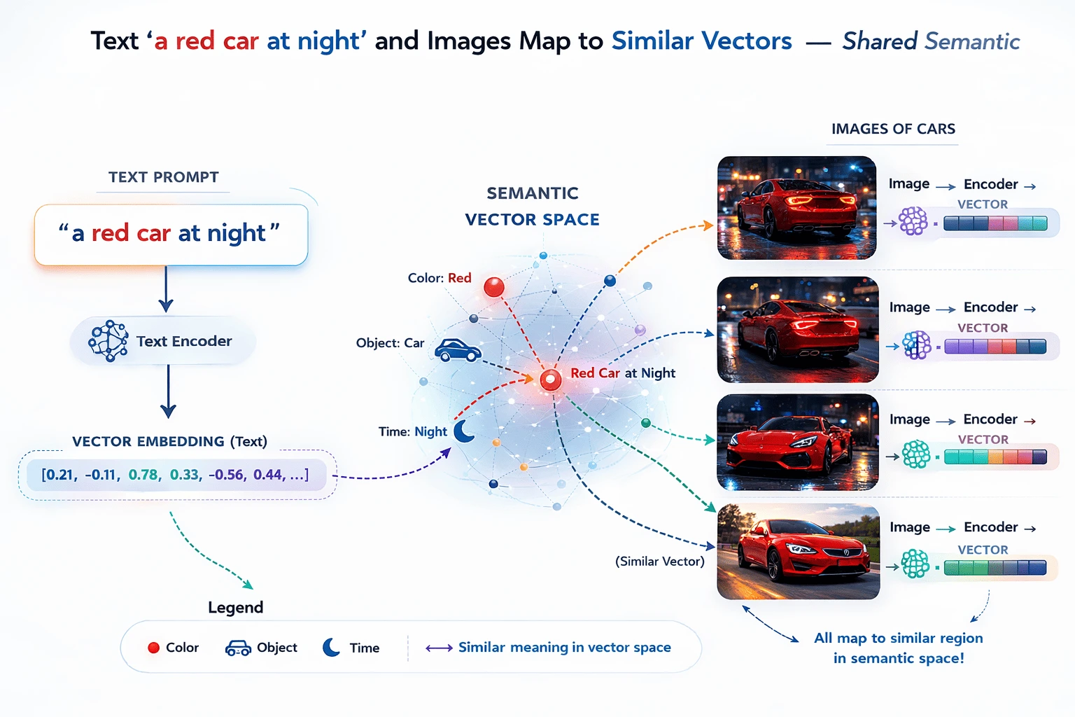 Text and Image Embeddings Map to Similar Vectors in a Shared Semantic Space Diagram illustrating how the text prompt 'a red car at night' and multiple car images are encoded into similar vectors within a shared semantic vector space, with color, object, and time concepts converging at a central point