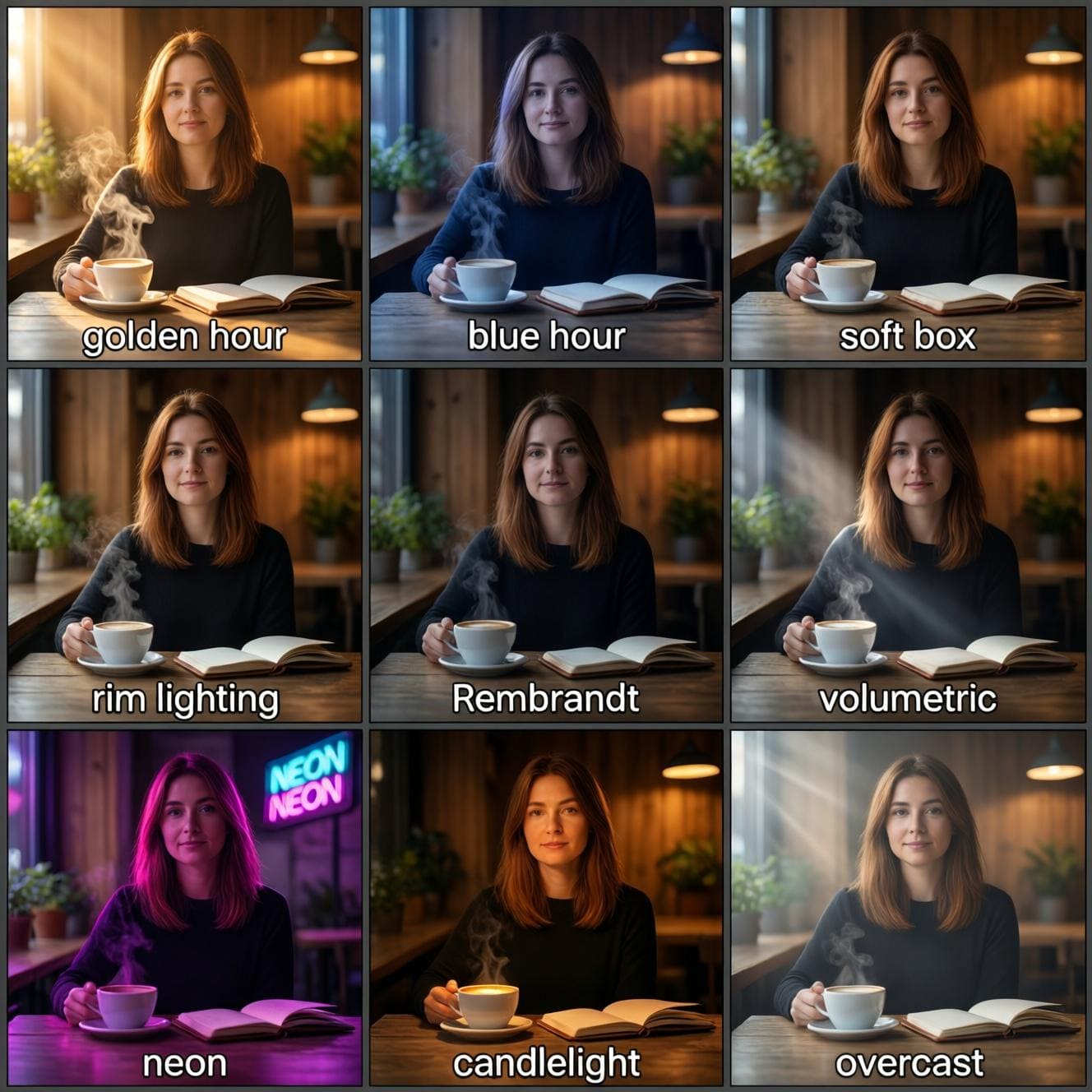 AI image lighting styles comparison — 9 lighting modifiers demonstrated with the same prompt across golden hour, Rembrandt, neon, candlelight and more Nine-panel lighting comparison grid showing the same woman at a cafe table generated with nine different AI lighting styles — golden hour, blue hour, soft box, rim lighting, Rembrandt, volumetric, neon, candlelight, and overcast