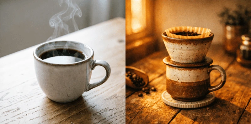 Prompt engineering before and after example — weak vs strong AI image prompt results for coffee photography Side by side coffee prompt comparison — plain white ceramic mug with steam on a wooden table on the left, and a styled artisan pour-over coffee setup in warm golden hour light on the right