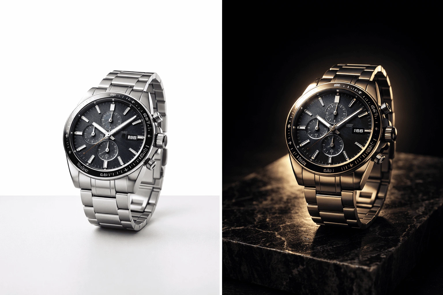 AI product photography before and after prompt example — studio white background vs dramatic dark lighting for luxury watch Two AI-generated luxury chronograph watch product shots — clean white studio background on the left and dramatic dark stone surface with warm rim lighting on the right