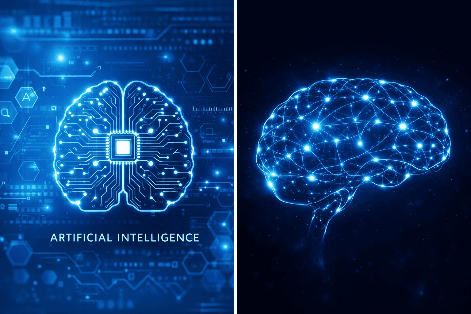 AI concept illustration examples generated with text to image AI — circuit brain and neural network brain Two AI brain concept illustrations side by side — a circuit board brain with glowing nodes on blue background and a neural network brain outline with connected points on dark navy