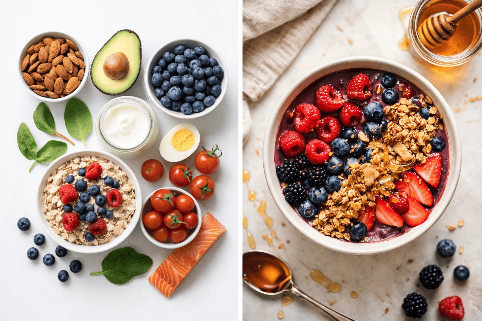 Before and after AI food photography prompt example — ingredient flat lay vs styled acai bowl Flat lay of healthy breakfast ingredients including almonds, avocado, blueberries and oats beside a vibrant acai smoothie bowl topped with fresh berries and granola
