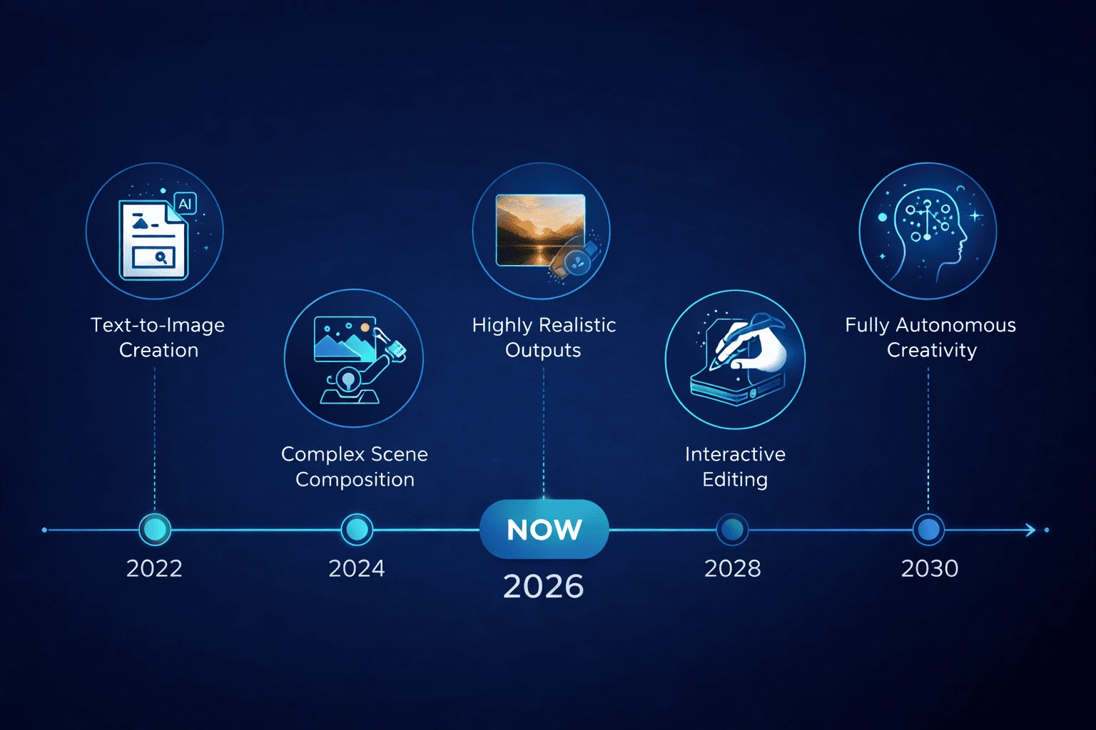 AI Image Generation Timeline 2022–2030 Showing Evolution of AI Creativity Timeline infographic showing the evolution of AI image generation from 2022 to 2030, highlighting milestones like text-to-image creation, complex scene composition, realistic outputs in 2026, interactive editing, and autonomous AI creativity.