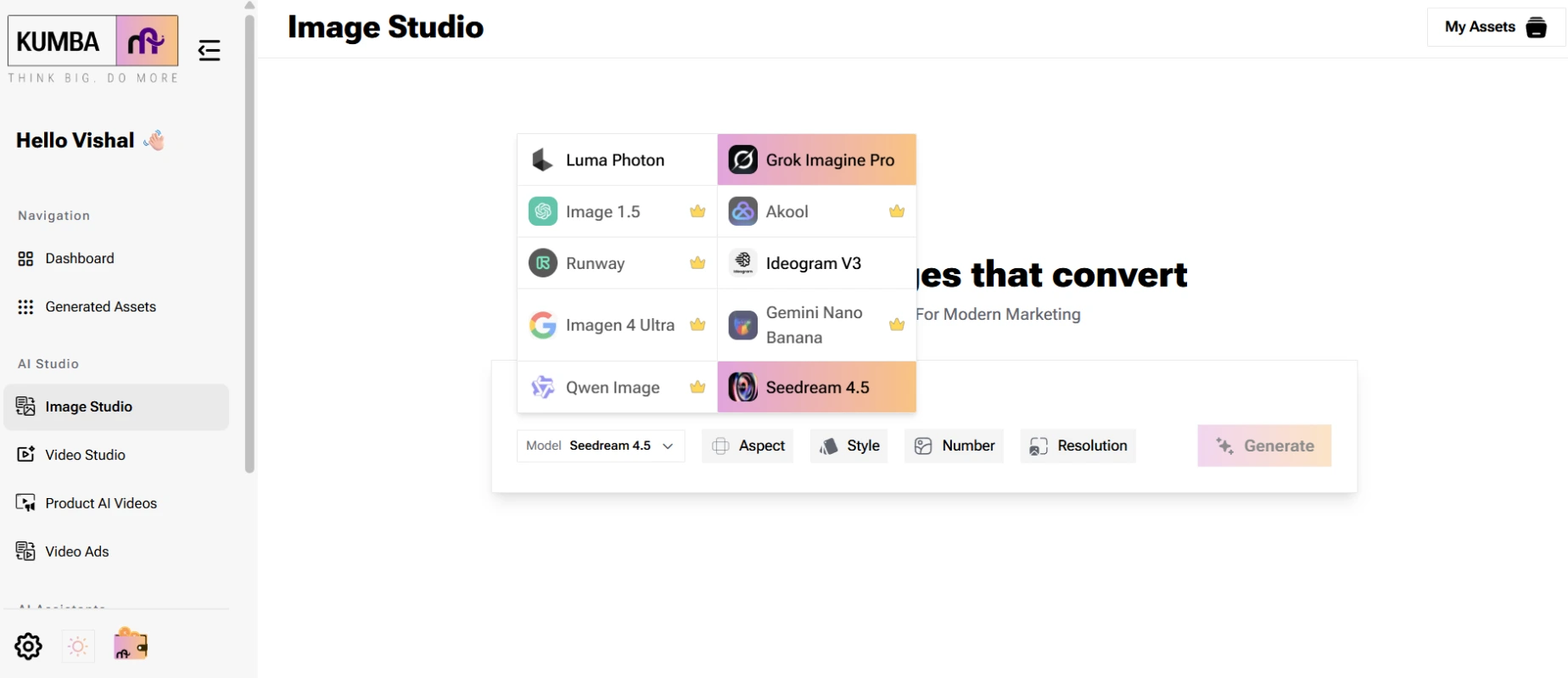 Kumba AI Image Studio – Generate images using models like Grok Imagine Pro, Ideogram V3, Runway and Seedream 4.5 Kumba AI Image Studio dashboard showing multiple AI image generation models like Grok Imagine Pro, Seedream 4.5, Ideogram V3, Runway and Luma Photon